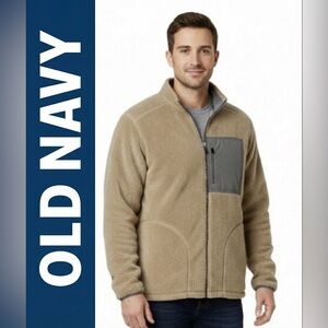 Old Navy Men's Full Zip Casual Tan Fleece Jacket with Grey Pocket SZ Extra Large